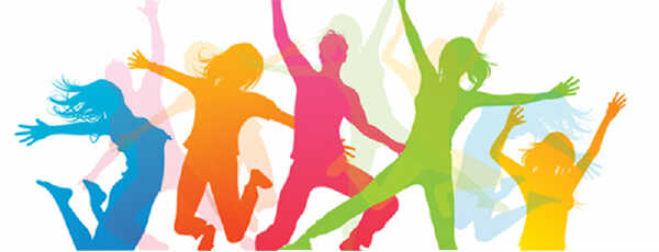 Illustration très colorée montrant les silhouettes d'un groupe de jeunes sautant en l'air, permettant d'accéder au catalogue des activités